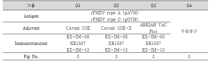 목적동물 면역원성 평가 시험백신 제조내역