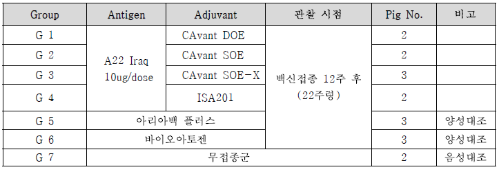 백신보조제 타입 및 상용화 백신과의 안전성 비교평가 시험그룹