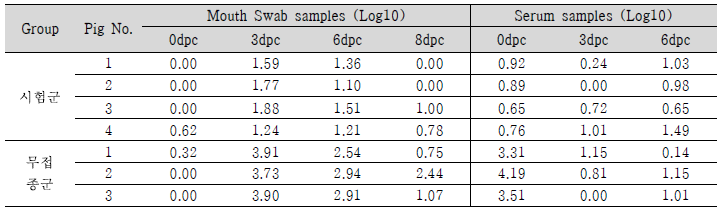 FMDV A type 바이러스 배출량 및 Viremia 확인 결과