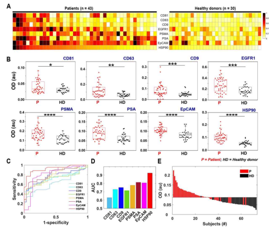 Protein typing of human-plasma-driven EVs extracted from prostate-cancer patients and healthy donors. (A) Heat map for CD81, CD63, CD9, and cancer markers. (B) Eight markers validated for 43 prostate-cancer patients and 30 healthy donors using direct ELISA. (C) ROC curves obtained for eight markers. (D) AUCs calculated for eight markers. (E) HSP90 expression in patient-plasma-driven EV (red) and healthy-donor-plasma-drive n EV (black) demonstrated as waterfall plot. Cut-off (OD = 0.087) was obtained based on negative likelihood ratio