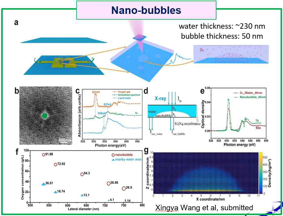 물속에 생긴 nano-bubble 내부의 상태를 연구한 결과. 내부에는 O2 분자가 존재한다. 한편, 이 O2의 밀도는 대기 중의 O2의 분압보다 100 배 정도 높다는 것을 확인하였다. “b” 이미지에서의 scale bar는 500nm이다. (논문 투고)