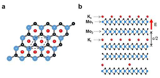 K+이온이 삽입된 MoS2의 위 (a)와 옆(b)에서 본 원자배치구조. 여기서 푸른색, 붉은 색, 검은 색은 각 각 Mo, K+, S원자를 나타낸다.