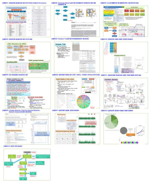 유전체 정보분석 서비스 항목 (13종). 전장유전체에서 SNP, INDEL 및 CNV 발굴, 호몰로지 모델링에 의한 변이의 단백질구조 변화예측, 희귀질환 후보유전자의 선발, Linkage Analysis, 가족성 INDEL, 네트웍 분석, 복합질환의 연관연구, 암유전체에서 체세포변이 발굴, 암클론/암진화 정보분석, 드노보 어셈블리 기반의 구조변화 및 특이서열 발굴, 전장유전체 변이 정보에 의한 근연관계, 집단유전체학, 연관분석으로 구성되어 있으며, 연구지원 결과에 따라 SCI 급 이상의 논문을 이미 발표하여 완성도 높은 생명정보 파이프라인을 보유하고 있음