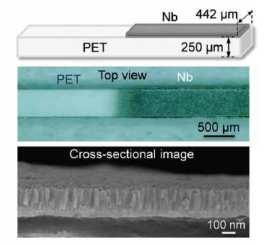PET-Nb 시편 도식 (위)와 SEM 사진 (아래)