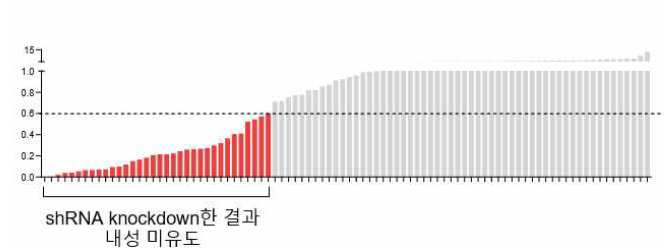 선별된 Kinase가 과발현된 세포주에 각 ORF 표적 약물과 erlotinib 병용처리시 내성 유발 능력 억제