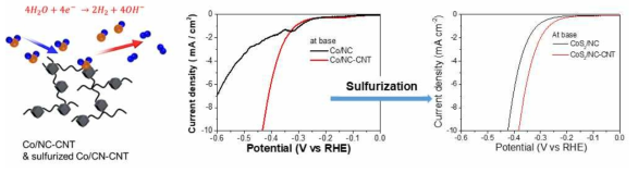 Co/NC-CNT 및 CoS2/NC-CNT의 전기화학적 분석 결과