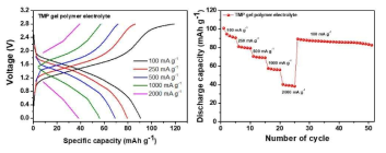난연성 겔 고분자 전해질을 적용한 소듐 하이브리드 커패시터의 전류 밀도에 따른 충·방전 곡선과 방전 용량 (25 ℃, 0.0~2.8 V)