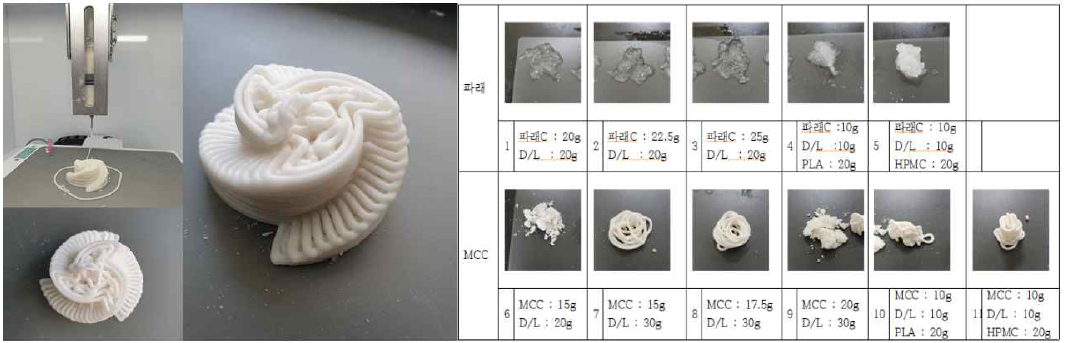 갈파래와 MCC를 기반으로 하는 3D프린팅 제형 적합성 테스트와 이를 위한 다양한 농도와 배합비 비율 조정 실험 결과