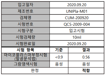 태반조직 입고시험 결과 및 성적서