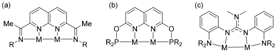 (a) Naphthyridine을 골격으로한 아민 리간드와 두-금속(bimetallic) 착물 (b) naphthyridine을 골격으로한 포스핀 리간드와 착물 (c) 합성하고자 하는 guanidinate를 골격으로한 아민 리간드와 착물