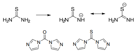 싸이오우레아의 deprotonation에 의한 공명 구조와 1,1’-carbonyldiimidazole, 1,1’-thiocarbonyldiimidazole