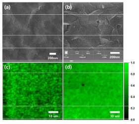 (a,c) quasi-2D 및 (b,d) quasi-2D&3D 페로브 스카이트 박막의 표면 SEM 사진 및 PL mapping