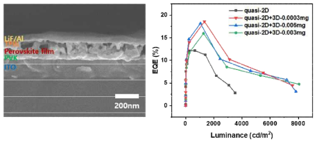 quasi-2D 및 quasi-2D&3D 페로브스카이트 박막을 이용한 LED 소자의 단면 SEM 사진 및 LED 소자 성능