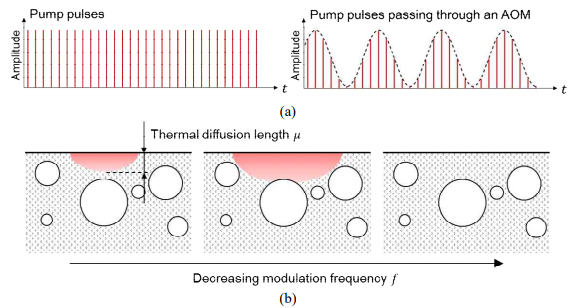 Transient thermoreflectance measurement, (a) Pump pulses modulated through an acousto-optic modulator (AOM), (b) Variation of thermal diffusion length with respect to modulation frequency in a sample with abnormalities