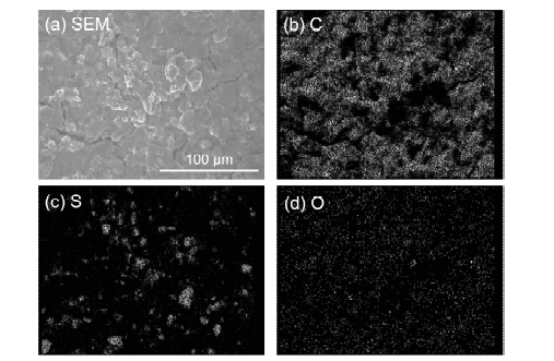 Li2S/C/SE composite의 SEM 이미지와 EDS mapping 결과
