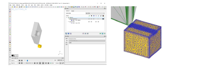 Deform 3D software UI(좌)와 직교절삭 시뮬레이션을 위한 mesh를 생성(우)
