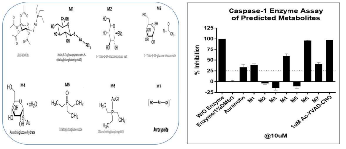 오라노핀과 예상대사체 7개에 대한 caspase-1 활성 억제능 비교