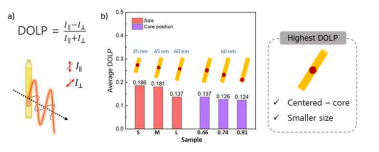 a) 선편광도 (Degree of Linear Polarization) b) 길이 및 코어 위치가 조절된 단방향 정렬 필름의 편광도 비교