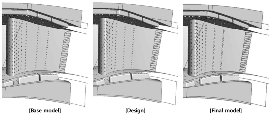 기본모델(Base model), 개선안(Design), 최종모델(Final model)의 터빈노즐형상