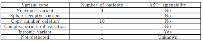 Table of disease-causing variants in patients with DMD gene defect