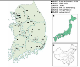 KOGES 연구 대상자의 지역분포 및 동반 일본, 중국 대상지