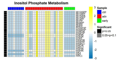 Inositol Phosphate 대사체 레벨 Reaction 활성화 시뮬레이션 약어- adv: advanced diabetic nephropathy, early: early stage of diabetic nephropathy, ctrl: control sample