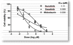 Iburutinib, midostaurin, dasatinib의 OCI-Ly-19세포에서 GI50