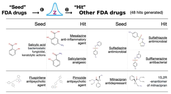 FDA 약물을 seed로 활용하여ChemMap이 생성한 다른 FDA 약물의 예