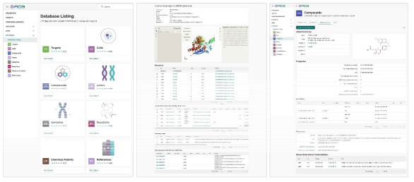 AD3 데이터베이스. 표적 레포트화면(중간)과 화합물 레포트(오른쪽)
