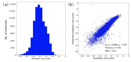 (a) ZINC에서 얻은 무작위 10만개의 분자와 WRN 단백질의 docking 계산 후 결과의 분포. (b) Docking score predictor의 예측 결과와 실제 결과 사이의 상관관계