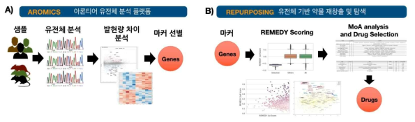 REMEDY 방법의 구성. A) NGS데이터를 분석해서 유전체 마커를 선별하는 AROMICS 시스템. B) 유전체 마커 기반 약물 재창출 및 탐색을 하는 REPURPOSING 시스템