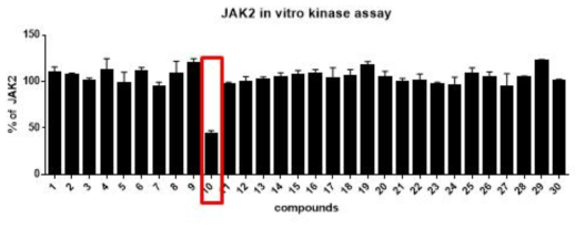 DeepPro 예측을 통해 확보한 30종 화합물의 in vitro에서 JAK2 단백질 저해 활성
