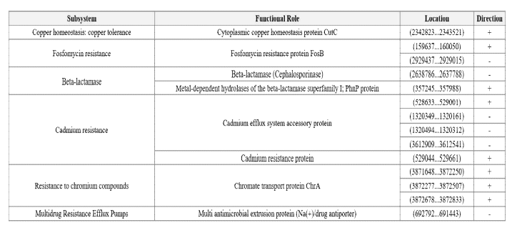 Summary of protein coding sequences - Virulence, Disease, and Defense; Copper homeostasis:copper tolerance, Fosfomycin resistance, Beta-lactamase, Cadmium resistance, Resistance to chromium compounds, Multi Resistance Efflux Pumps