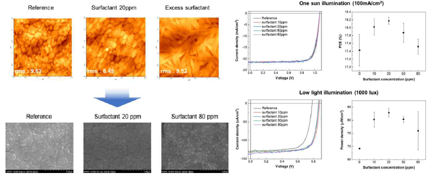 (좌) Surfactant 농도에 따른 박막 형태 변화를 AFM과 SEM으로 관찰. (우) Surfactant 농도에 따른 one sun과 저조도에서의 효율 변화