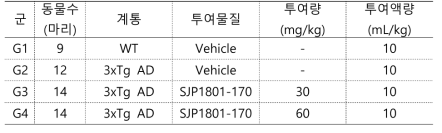 170번 물질 in vivo 시험군 및 투여량