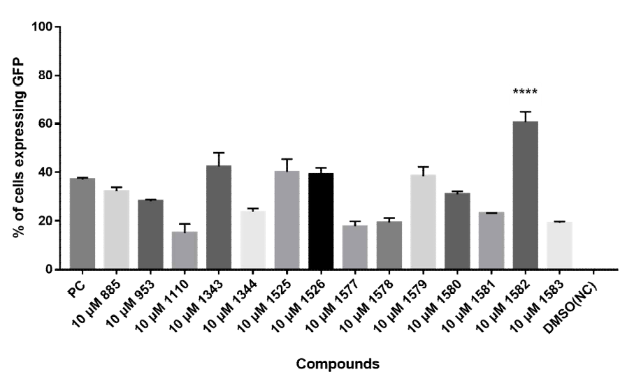 U-87 MG, U-87 MG-A3G에 0.2 MOI의 sRRVgpDsRed/spRRVeGFP와 10 μM A3G inhibitor 처리 후 GFP 발현량 비교