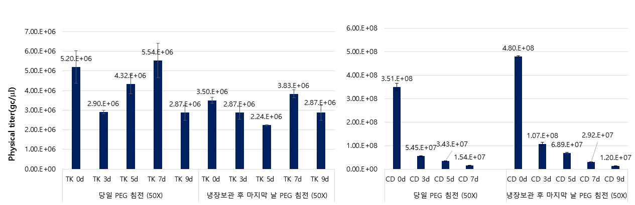 PG13-gpCD / PG13-eTK 유래 레트로바이러스의 physical titer 확인 (large scale 생산-2)