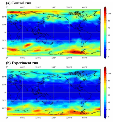 Spatial distribution of the standard deviation (STDDEV) of the 500 hPa geopotential height for the (a) control run and (b) experiment run