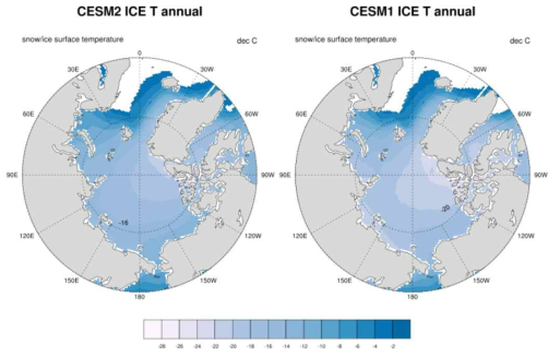 CESM2.1와 CESM1.2의 눈/해빙 표면 온도 (unit : ℃)