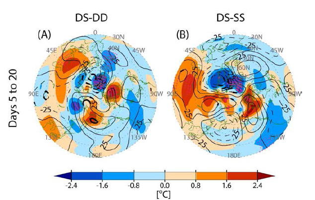 SSW 발생 이후 NCEP-NCAR 1000 hPa 기온 편차(음영)와 NCEP-NCAR 300 hPa 고도장 편차(실선)의 SSW 유형간 차이. (A) DS 와 DD 유형 차이. (B) DS와 SS 유형 차이. 굵은 실선과 분홍 점은 90% 신뢰수준에서 유의한 지역