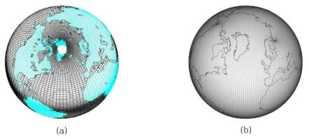 해양-해빙 접합 모형에서 사용된 수평 격자 체계. (a) 2극 bipole grid와 (b) 3극 tripole grid