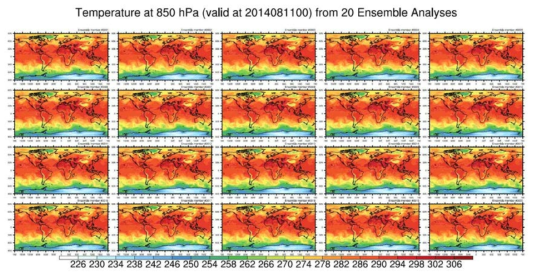 Horizontal distributions of 850-hPa temperature at 00 UTC 11 August 2014 for 20 ensemble analyses from CAM6-DART data assimilation system