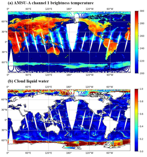 Spatial distribution of (a) AMSU-A channel 1 brightness temperature and (b) retrieved cloud liquid water (mm) from NOAA-19 on 12 August 2014