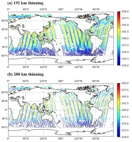 Spatial distribution of AMSU-A channel 6 brightness temperatures (BTs) with (a) 192 km thinning and (b) 288 km thinning