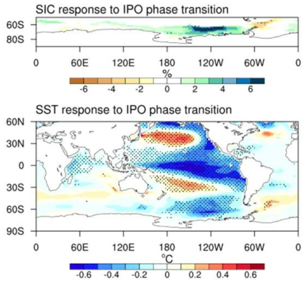 양에서 음으로의 IPO 위상 변화에 따른 해빙 농도 및 해수면 온도의 변화로 이상화된 CMIP6 모델실험으로부터 산출된 결과