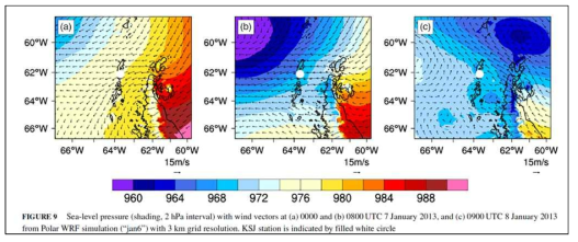 2013년 1월 남극세종과학기지 강풍 사례에 대한 수치모델링 재현 결과 (Kwon et al, QJRMS, 145, 1267-1280, 2019)