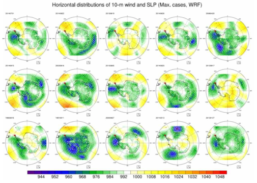 일최대풍속 기준 15개의 강풍사례에 대한, 해면기압과 10-m 바람벡터의 수평 분포도 (WRF 모델 모의결과)