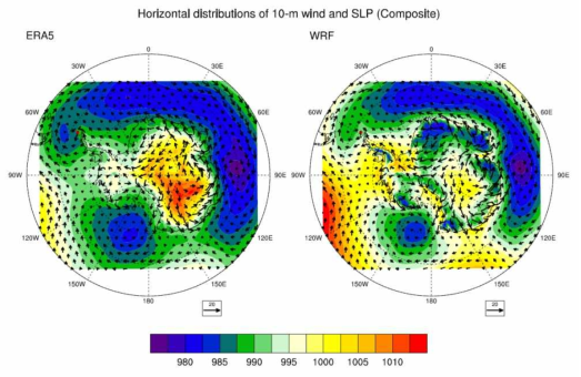 15개 저온사례에 대해 평균한, 해면기압과 10-m 바람벡터의 합성장. (좌) ERA5 재분석자료, (우) WRF 모의결과