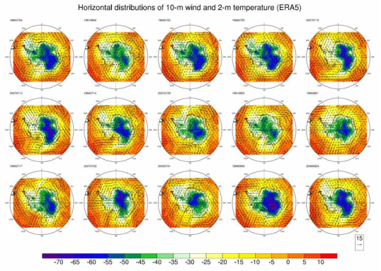15개 저온사례에 대한, 2-m 온도와 10-m 바람벡터의 수평 분포도 (ERA5 재분석자료)