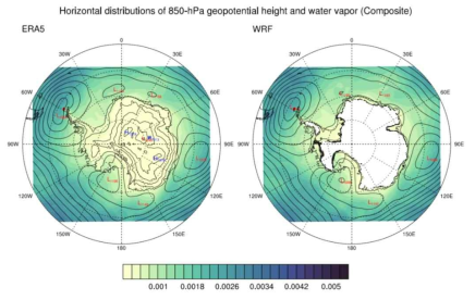 15개 폭설 사례에 대해 합성장 분석을 통해 도출한, 850-hPa 지위고도와 수증기 혼합비 수평 분포. (좌) ERA5 재분석자료, (우) WRF 모의결과